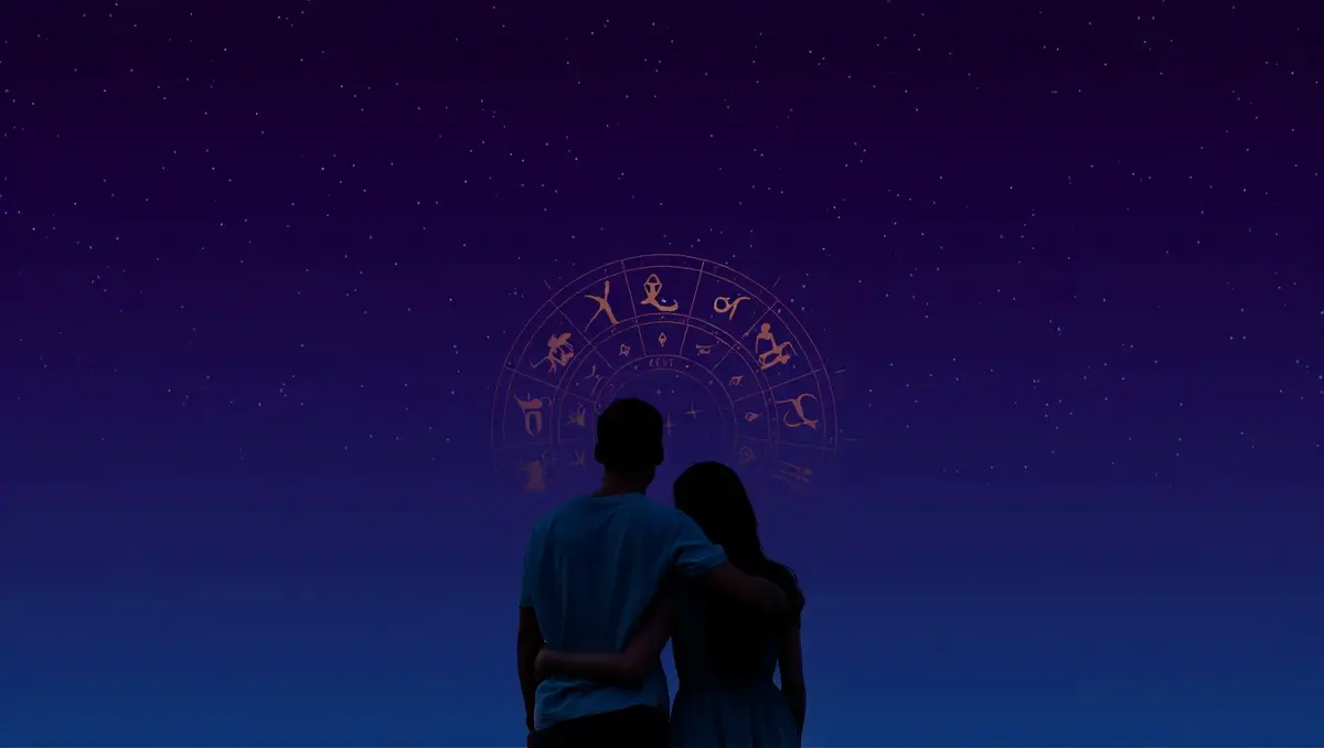 Couple sous un ciel étoilé avec roue du zodiaque