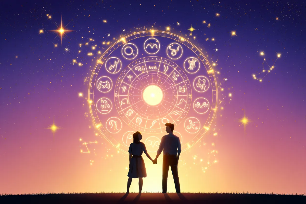 Couple sous un ciel étoilé avec roue du zodiaque