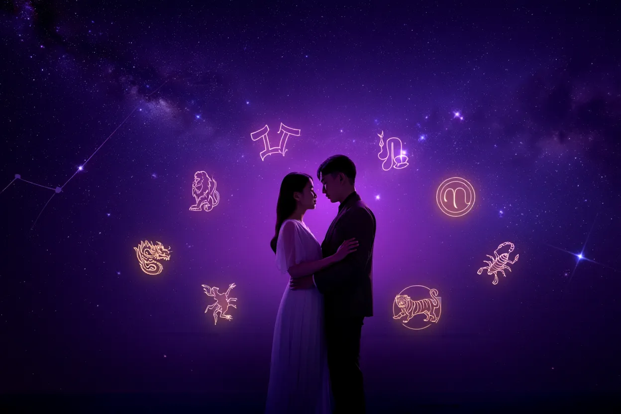 Couple romantique entouré de symboles du zodiaque chinois et occidental sur fond cosmique violet