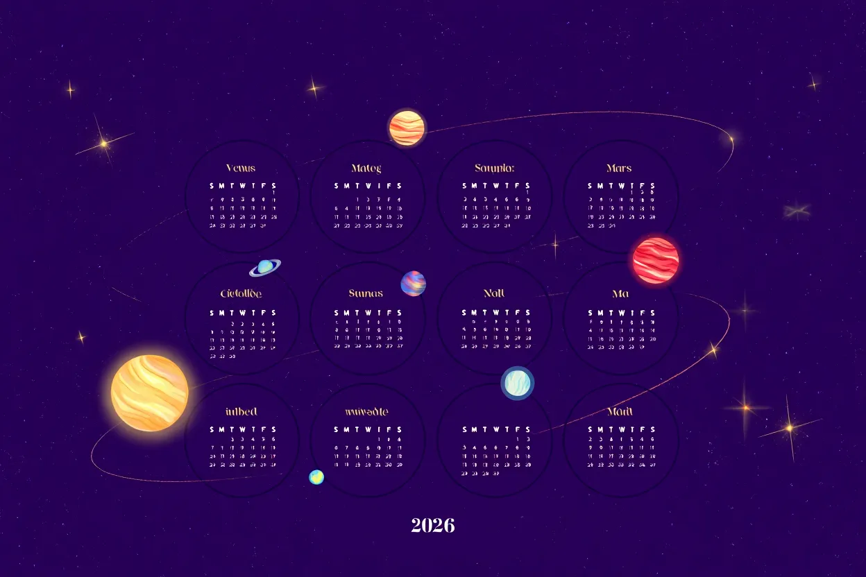 Calendrier astrologique 2026 avec les 12 signes du zodiaque et symboles planétaires