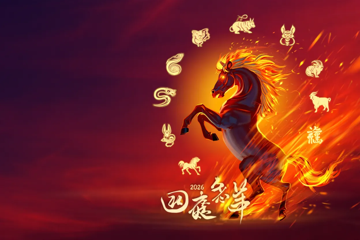 Cheval de feu se cabrant devant un ciel rouge et violet avec symboles du zodiaque chinois