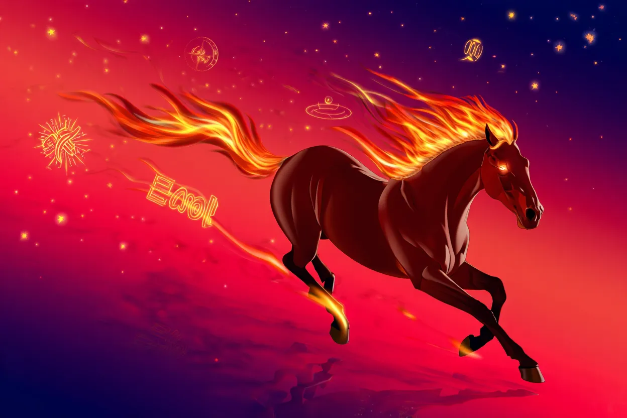 Cheval de Feu flamboyant galopant sous un ciel étoilé rouge et violet