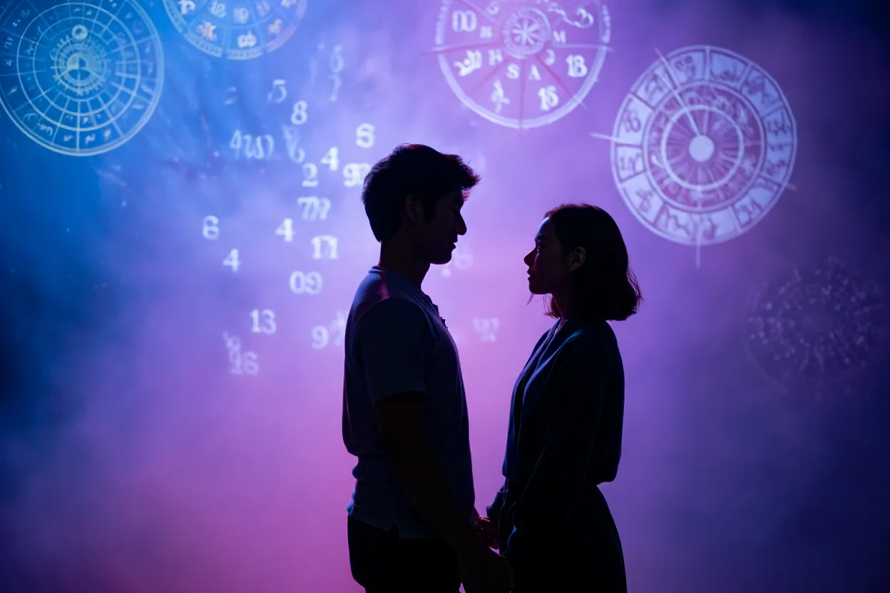 Deux silhouettes de couple face à face entourées de thèmes astrologiques et chiffres de numérologie sur fond violet