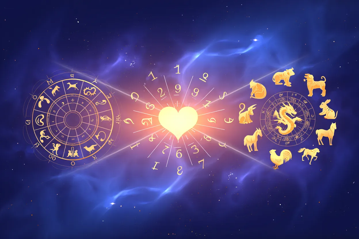 Trois systèmes astrologiques convergent vers un cœur lumineux sur fond étoilé