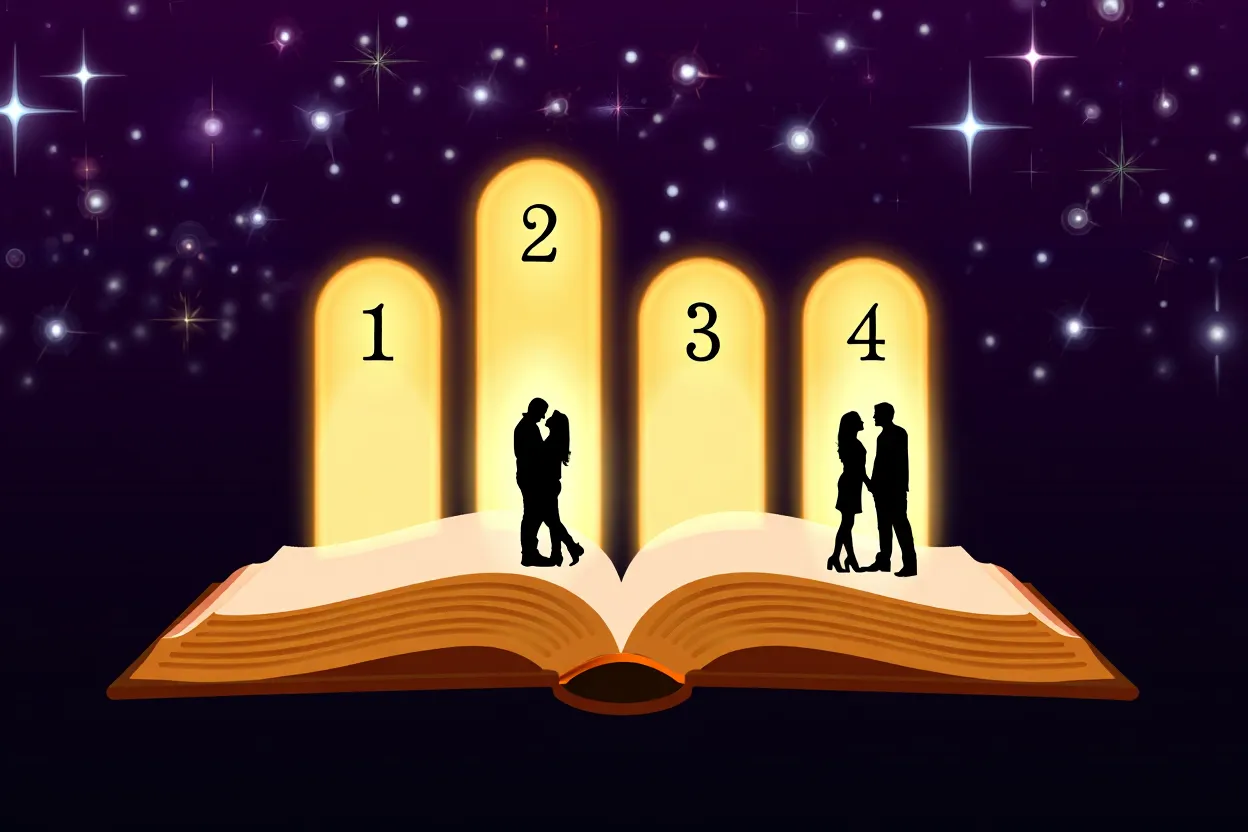 Quatre piliers lumineux de numérologie entourés de chiffres dorés sur fond cosmique violet