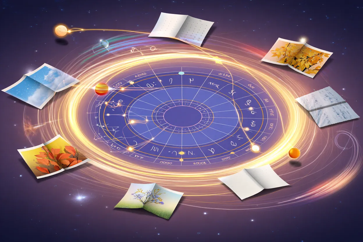 Thème astral en renouvellement annuel avec rayons dorés et planètes en transit